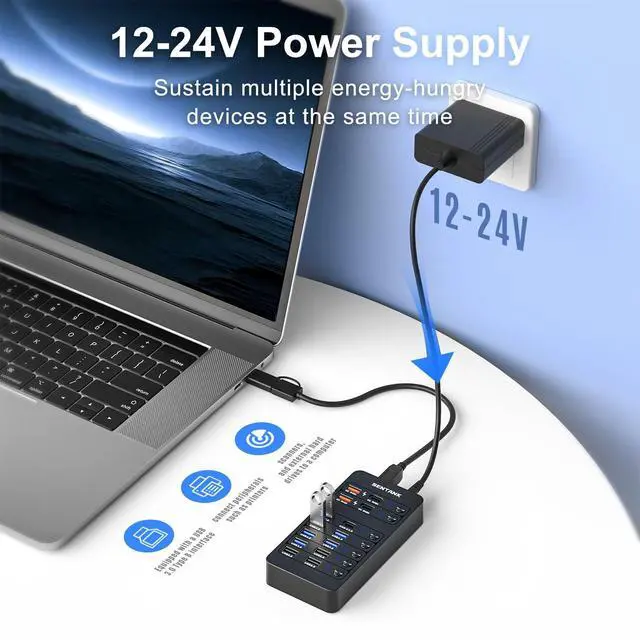 Alt view image 11 of 14 - Powered USB Hub,14 Ports USB Data Hub Splitter with 6 USB 3.0 Port,4 Charging Port,1 USB-C 3.0 Data Port,1 PD 60W Charging Port w LED Individual On/Off Switches for MacBook,Mac Pro,Laptop/PC