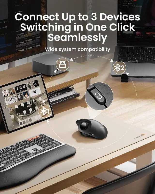 Alt view image 11 of 14 - Wireless Bluetooth Trackball Mouse, EM02 Two Adjustable Angle Ergonomic Rechargeable Computer Ball Mouse, 3 Device Connection, Thumb Control and Smooth Tracking for Laptop, PC, Mac-Gray