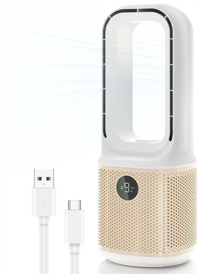 Alt view image 8 of 14 - Desk Fan, Small Quiet Bladeless Fan with 9 Speed Adjustment & 3 Light Modes, 14 Inch USB Rechargeable with 5000mAh Battery, 60° Oscillating Cooling Fans for Office, Living Room, Bedroom White