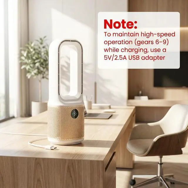 Alt view image 10 of 14 - Desk Fan, Small Quiet Bladeless Fan with 9 Speed Adjustment & 3 Light Modes, 14 Inch USB Rechargeable with 5000mAh Battery, 60° Oscillating Cooling Fans for Office, Living Room, Bedroom White