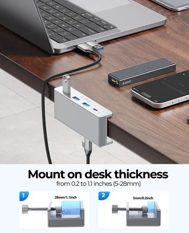 Alt view image 12 of 14 - USB Hub 3.0, Clamp USB Hub with Extra Power Port, 3 USB-A Data Ports, USB-C Port for Monitors, Desks(Silver)