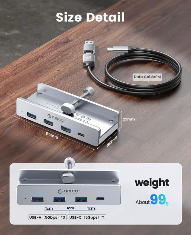 Alt view image 13 of 14 - USB Hub 3.0, Clamp USB Hub with Extra Power Port, 3 USB-A Data Ports, USB-C Port for Monitors, Desks(Silver)