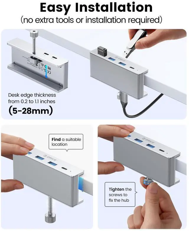 Alt view image 14 of 14 - USB Hub 3.0, Clamp USB Hub with Extra Power Port, 3 USB-A Data Ports, USB-C Port for Monitors, Desks(Silver)