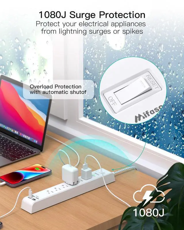 Alt view image 12 of 14 - 2 Pack Power Strip, 12FT Long Extension Cord, Surge Protector with 6 Outlets and 4 USB Ports (2 USB C), Flat Plug Overload Protection, Extension Cord 10+ ft, Wall Mount for Home Office Dorm College