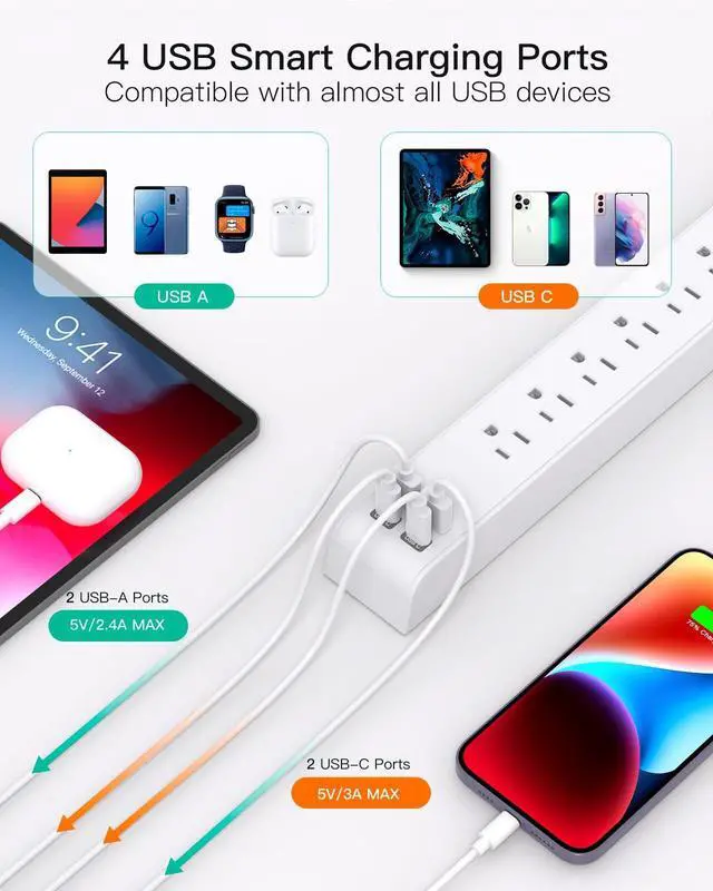Alt view image 10 of 14 - 2 Pack Power Strip, 12FT Long Extension Cord, Surge Protector with 6 Outlets and 4 USB Ports (2 USB C), Flat Plug Overload Protection, Extension Cord 10+ ft, Wall Mount for Home Office Dorm College