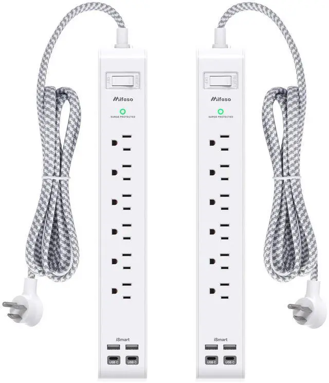 Alt view image 8 of 14 - 2 Pack Power Strip, 12FT Long Extension Cord, Surge Protector with 6 Outlets and 4 USB Ports (2 USB C), Flat Plug Overload Protection, Extension Cord 10+ ft, Wall Mount for Home Office Dorm College