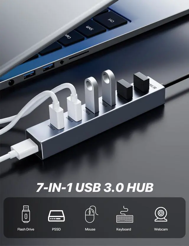 Alt view image 9 of 14 - USB C HUB,7 Port USB C to USB Hub,Aluminum Alloy USB 3.0 Data Port, 5Gbps USB Splitter Compatible for Laptop, MacBook, iPad, Surface Pro, XPS