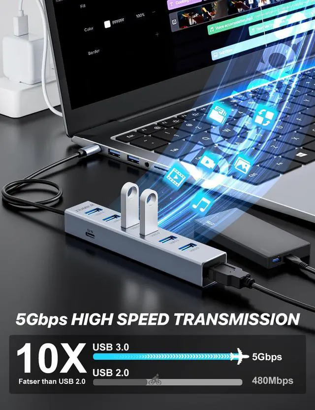 Alt view image 11 of 14 - USB C HUB,7 Port USB C to USB Hub,Aluminum Alloy USB 3.0 Data Port, 5Gbps USB Splitter Compatible for Laptop, MacBook, iPad, Surface Pro, XPS