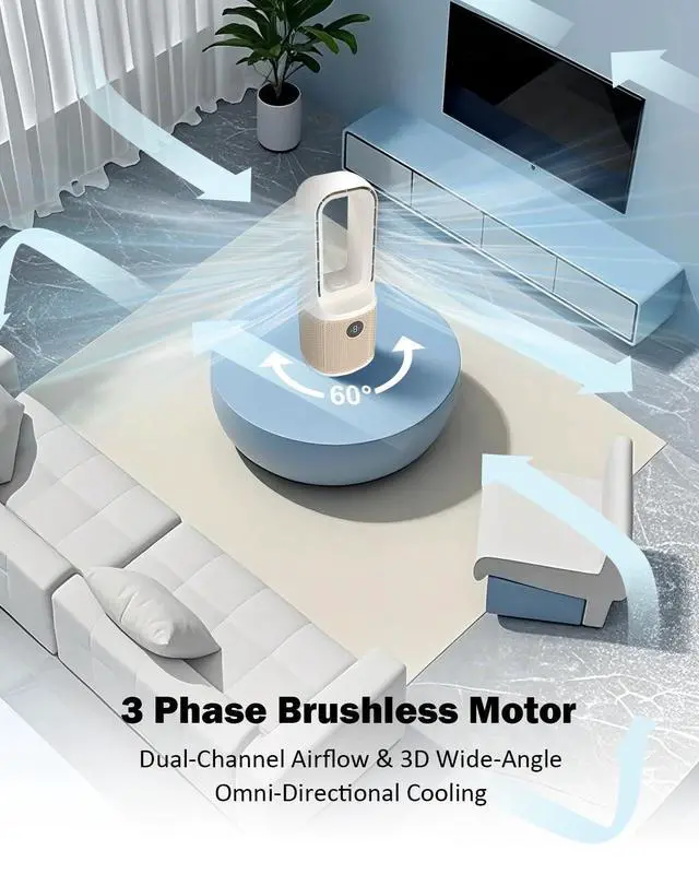 Alt view image 13 of 14 - Desk Fan, Small Quiet Bladeless Fan with 9 Speed Adjustment & 3 Light Modes, 14 Inch USB Rechargeable with 5000mAh Battery, 60° Oscillating Cooling Fans for Office, Living Room, Bedroom White
