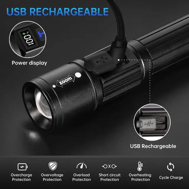 Alt view image 10 of 14 - Rechargeable Flashlights 2 Pack, Super Bright High Lumens Flash Light, 5 Modes Zoomable Linternas with LCD Digital Display, Powerful Handheld LED Flashlights for Home Emergencies Camping