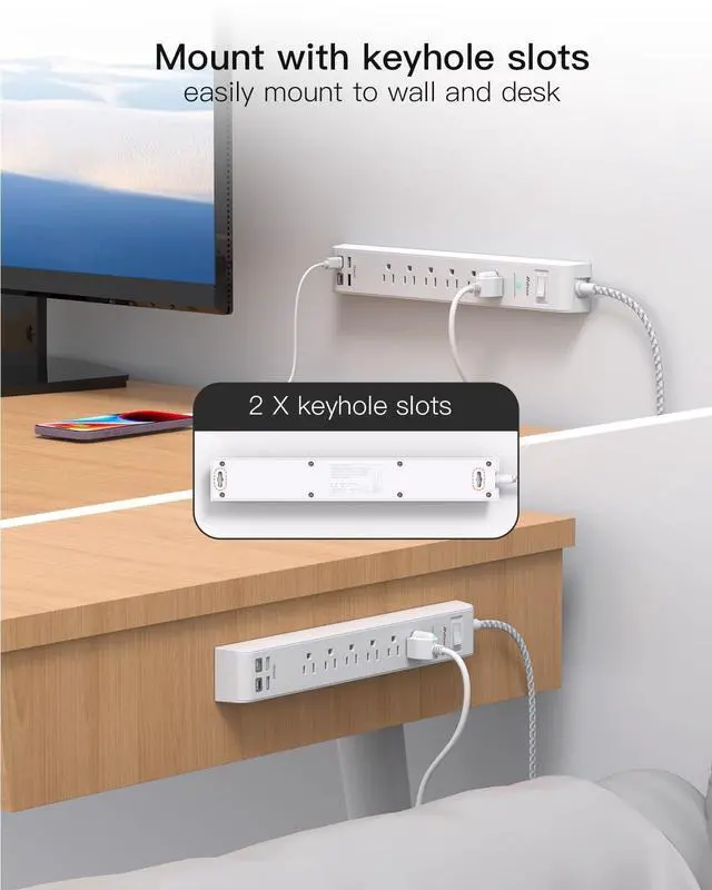 Alt view image 13 of 14 - 2 Pack Power Strip, 12FT Long Extension Cord, Surge Protector with 6 Outlets and 4 USB Ports (2 USB C), Flat Plug Overload Protection, Extension Cord 10+ ft, Wall Mount for Home Office Dorm College