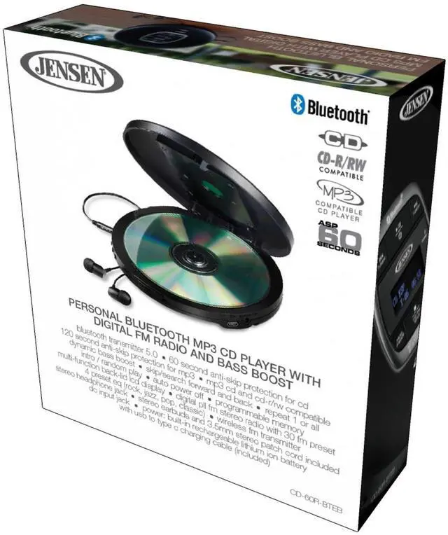 Alt view image 12 of 12 - Portable CD Player Bluetooth 5.0 for Car with FM Transmitter, MP3 CD Playback, 60 Sec- Anti-Skip, Bass Boost, Rechargeable CD Player, Stereo Sport Earbuds (Matte Black)