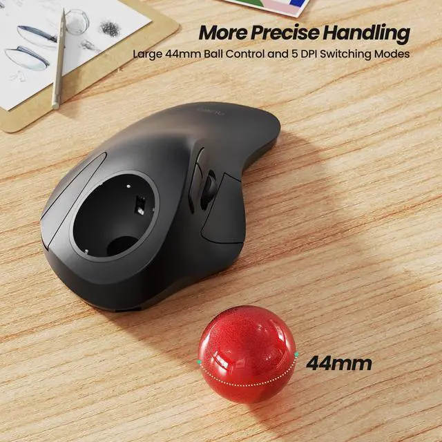 Alt view image 11 of 14 - Wireless Ergonomic Trackball Mouse, Rechargeable, Bluetooth Rollerball Mouse, 44mm Index Finger Trackball, 5 Adjustable DPI, Compatible with PC, Laptop, Mac