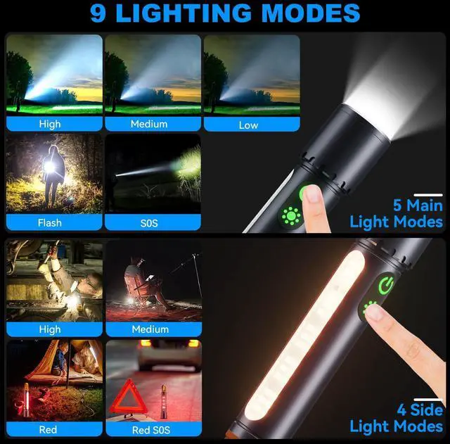 Alt view image 10 of 14 - Magnetic Flashlight Rechargeable,5000mAh Flashlights High Lumens with 9 Modes,Waterproof, Adjustable,Powerful Flash Light,Emergency Multi-Flashlights for Home,Car,Hiking,Camping (1, Black)