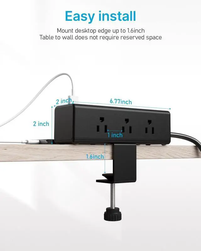 Alt view image 12 of 13 - Desk Clamp Power Strip with 9 Outlets, Desktop Edge Mount Surge Protector with USB-A and USB-C Ports, Widely Spaced Desk Outlet Fast Charging Station, 6 FT Flat Plug, Fit 1.6 inch Table.