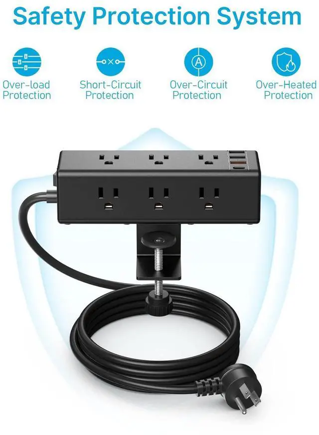 Alt view image 13 of 13 - Desk Clamp Power Strip with 9 Outlets, Desktop Edge Mount Surge Protector with USB-A and USB-C Ports, Widely Spaced Desk Outlet Fast Charging Station, 6 FT Flat Plug, Fit 1.6 inch Table.