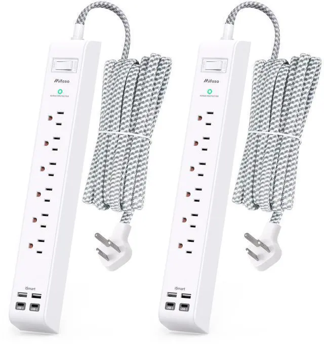 Alt view image 8 of 14 - 2 Pack Extension Cord 10ft Power Strip - Surge Protector with 6 Outlets 4 USB Charging Ports, Flat Plug, Overload Protection, Wall Mount for Home Office, Dorm Room Essentials