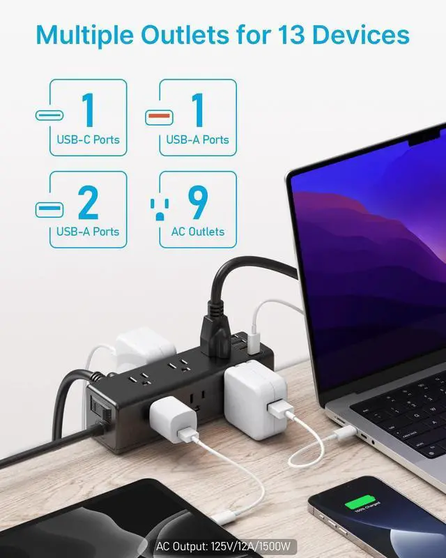 Alt view image 9 of 13 - Desk Clamp Power Strip with 9 Outlets, Desktop Edge Mount Surge Protector with USB-A and USB-C Ports, Widely Spaced Desk Outlet Fast Charging Station, 6 FT Flat Plug, Fit 1.6 inch Table.