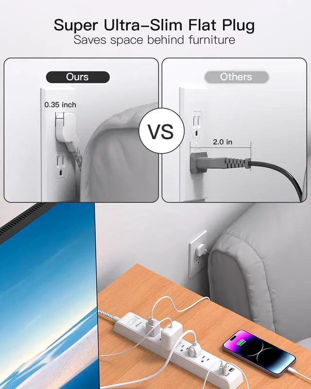 Alt view image 10 of 14 - 2 Pack Extension Cord 10ft Power Strip - Surge Protector with 6 Outlets 4 USB Charging Ports, Flat Plug, Overload Protection, Wall Mount for Home Office, Dorm Room Essentials
