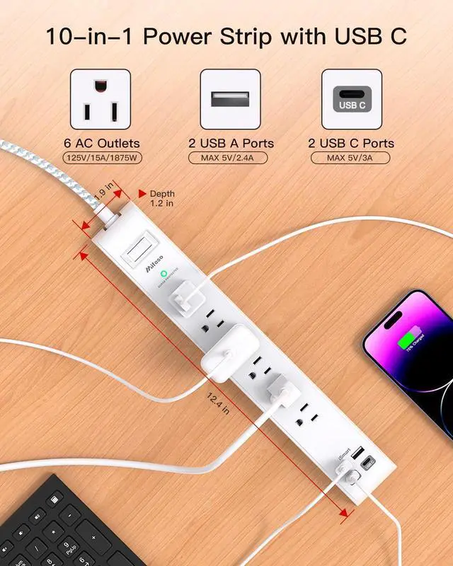Alt view image 9 of 14 - 2 Pack Extension Cord 10ft Power Strip - Surge Protector with 6 Outlets 4 USB Charging Ports, Flat Plug, Overload Protection, Wall Mount for Home Office, Dorm Room Essentials