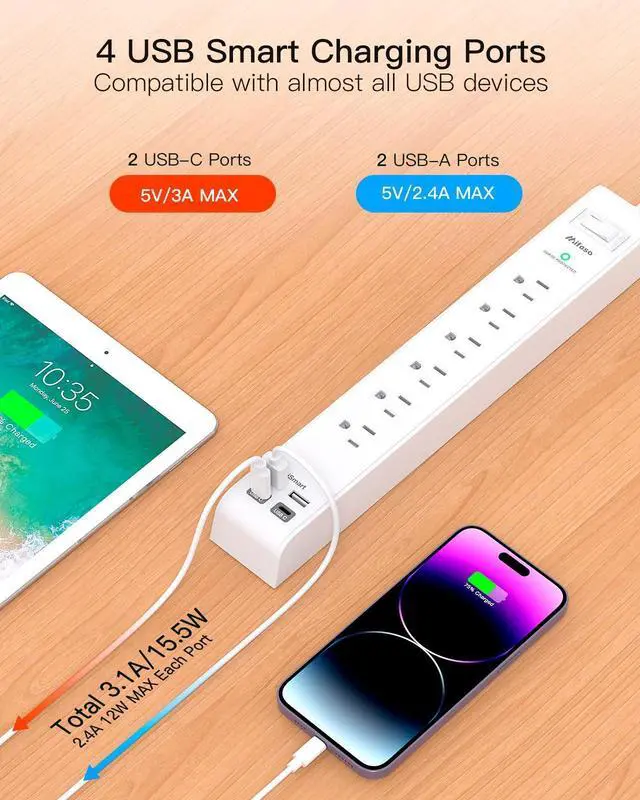 Alt view image 11 of 14 - 2 Pack Extension Cord 10ft Power Strip - Surge Protector with 6 Outlets 4 USB Charging Ports, Flat Plug, Overload Protection, Wall Mount for Home Office, Dorm Room Essentials