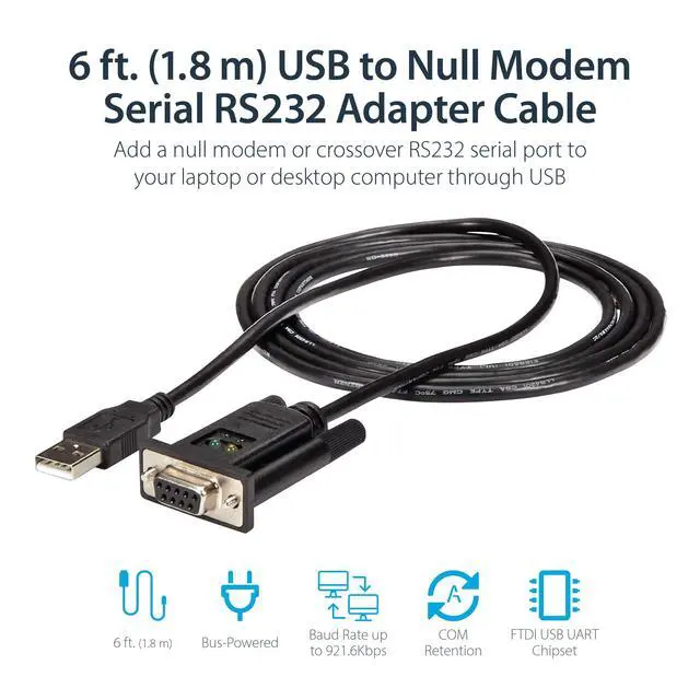 Alt view image 7 of 10 - 6ft (1.8m) 1-Port USB to Serial RS232 Adapter, FTDI DB9 Serial DCE Adapter Cable, Null Modem, USB 2.0 - TAA