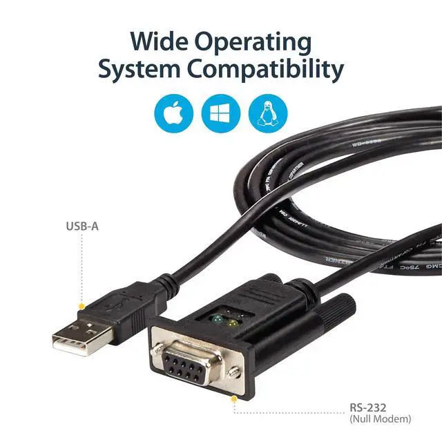 Alt view image 9 of 10 - 6ft (1.8m) 1-Port USB to Serial RS232 Adapter, FTDI DB9 Serial DCE Adapter Cable, Null Modem, USB 2.0 - TAA
