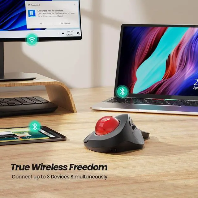 Alt view image 13 of 14 - Wireless Ergonomic Trackball Mouse, Rechargeable, Bluetooth Rollerball Mouse, 44mm Index Finger Trackball, 5 Adjustable DPI, Compatible with PC, Laptop, Mac