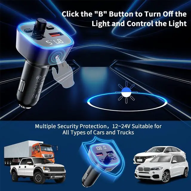 Alt view image 14 of 14 - Bluetooth 5.3 FM Transmitter, Wireless Radio Adapter Car Kit, Audio Receiver Car Charger, Wireless FM Radio Transmitter, Hands-Free Calling and 2 USB Ports Charger