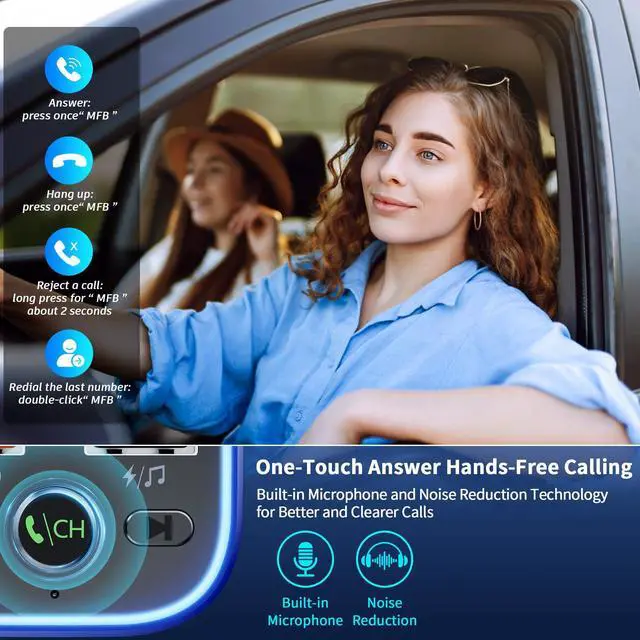 Alt view image 10 of 14 - Bluetooth 5.3 FM Transmitter, Wireless Radio Adapter Car Kit, Audio Receiver Car Charger, Wireless FM Radio Transmitter, Hands-Free Calling and 2 USB Ports Charger
