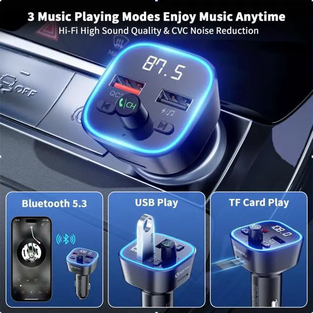 Alt view image 12 of 14 - Bluetooth 5.3 FM Transmitter, Wireless Radio Adapter Car Kit, Audio Receiver Car Charger, Wireless FM Radio Transmitter, Hands-Free Calling and 2 USB Ports Charger