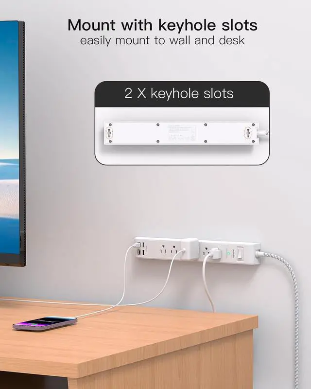 Alt view image 14 of 14 - 2 Pack Extension Cord 10ft Power Strip - Surge Protector with 6 Outlets 4 USB Charging Ports, Flat Plug, Overload Protection, Wall Mount for Home Office, Dorm Room Essentials