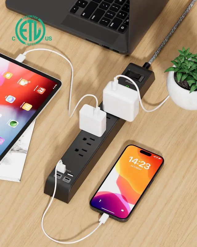 Alt view image 10 of 14 - 12FT Long Power Strip Surge Protector - with 6 Outlets 4 USB Ports, Heavy-Duty Braided Extension Cord, Flat Plug, 900 Joules, 15A Circuit Breaker, Wall Mount for Home Office (2 Pack)