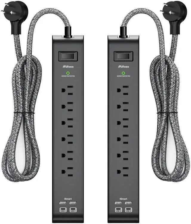 Alt view image 8 of 14 - 12FT Long Power Strip Surge Protector - with 6 Outlets 4 USB Ports, Heavy-Duty Braided Extension Cord, Flat Plug, 900 Joules, 15A Circuit Breaker, Wall Mount for Home Office (2 Pack)