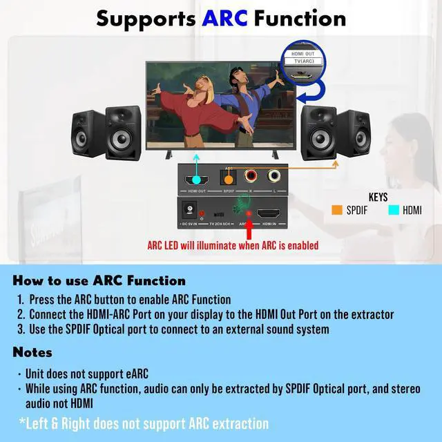 Alt view image 10 of 14 - HDMI Audio Extractor 4K 60Hz & ARC Support, HDMI to RCA Optical Compatible with Dolby Digital DTS Stereo for Laptop Blu-Ray Gaming Consoles (JTECH-AE4KA)