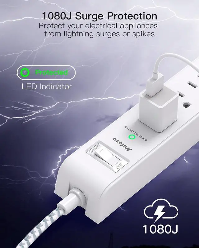 Alt view image 12 of 14 - 2 Pack Extension Cord 10ft Power Strip - Surge Protector with 6 Outlets 4 USB Charging Ports, Flat Plug, Overload Protection, Wall Mount for Home Office, Dorm Room Essentials