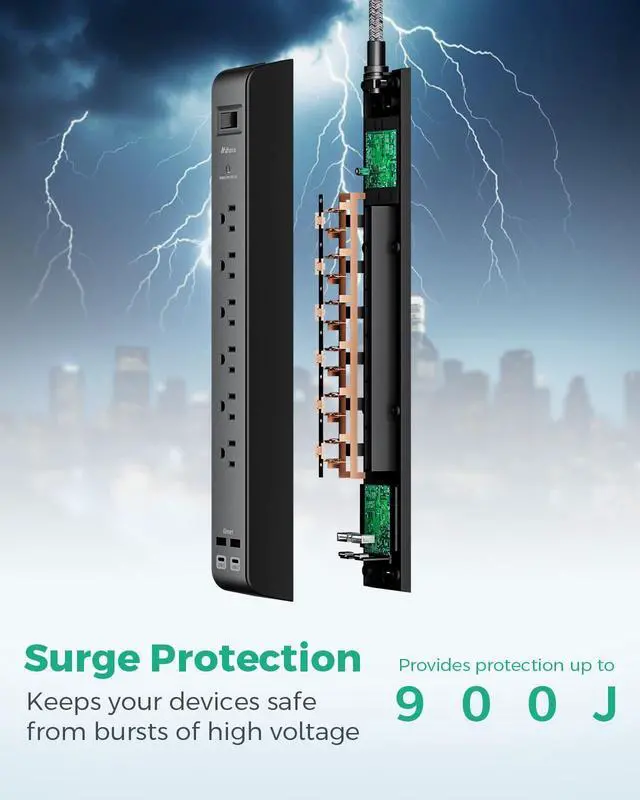 Alt view image 11 of 14 - 12FT Long Power Strip Surge Protector - with 6 Outlets 4 USB Ports, Heavy-Duty Braided Extension Cord, Flat Plug, 900 Joules, 15A Circuit Breaker, Wall Mount for Home Office (2 Pack)