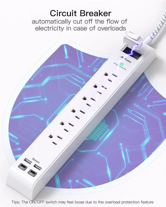 Alt view image 13 of 14 - 2 Pack Extension Cord 10ft Power Strip - Surge Protector with 6 Outlets 4 USB Charging Ports, Flat Plug, Overload Protection, Wall Mount for Home Office, Dorm Room Essentials
