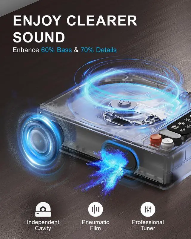 Alt view image 9 of 14 - CD Player Portable Bluetooth Desktop CD Players for Home with Speakers Rechargeable Small Retro CD Player with LCD Screen Optical USB Black