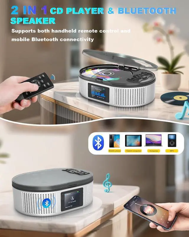 Alt view image 9 of 14 - Portable CD Player with Bluetooth and Dual Stereo Speakers, 4000mAh Rechargeable Desktop CD Player Portable for Home & Car, FM Radio, LCD Screen, AUX/USB/Headphone Jack Boombox Bluetooth CD Player