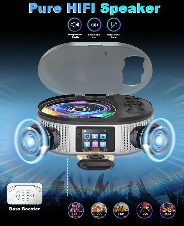 Alt view image 13 of 14 - Portable CD Player with Bluetooth and Dual Stereo Speakers, 4000mAh Rechargeable Desktop CD Player Portable for Home & Car, FM Radio, LCD Screen, AUX/USB/Headphone Jack Boombox Bluetooth CD Player