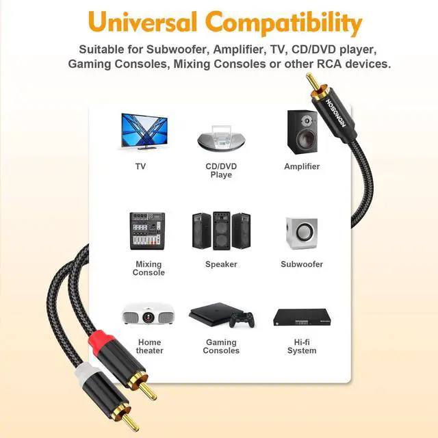 Alt view image 10 of 14 - RCA Y Splitter Cable, 1 Male to 2 Male Audio Cables (2 Pack), 12 Inch, 24K Gold-Plated, Cotton Braided, Shielded Subwoofer Cable for Amplifiers, TV, Home Theater, Hi-Fi Systems