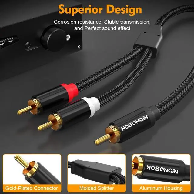 Alt view image 11 of 14 - RCA Y Splitter Cable, 1 Male to 2 Male Audio Cables (2 Pack), 12 Inch, 24K Gold-Plated, Cotton Braided, Shielded Subwoofer Cable for Amplifiers, TV, Home Theater, Hi-Fi Systems