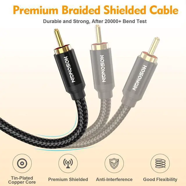 Alt view image 12 of 14 - RCA Y Splitter Cable, 1 Male to 2 Male Audio Cables (2 Pack), 12 Inch, 24K Gold-Plated, Cotton Braided, Shielded Subwoofer Cable for Amplifiers, TV, Home Theater, Hi-Fi Systems