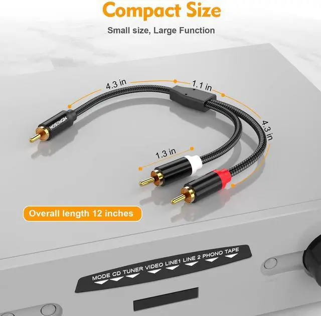Alt view image 14 of 14 - RCA Y Splitter Cable, 1 Male to 2 Male Audio Cables (2 Pack), 12 Inch, 24K Gold-Plated, Cotton Braided, Shielded Subwoofer Cable for Amplifiers, TV, Home Theater, Hi-Fi Systems