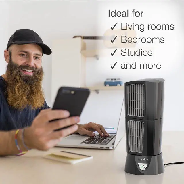 Alt view image 12 of 14 - Oscillating Platinum Desktop Wind Tower Fan, 3-Speeds, Compact, Portable with Handle for Office, Bedroom and Kitchen, 14", Black, 4916