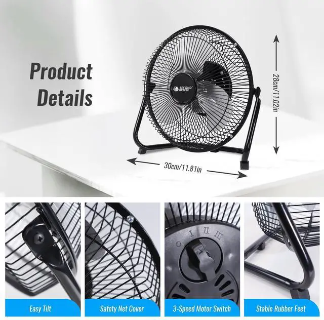 Alt view image 10 of 14 - Floor Fan 9 Inch, 3-Speed Portable Metal Fan with Adjustable Tilt, Quiet Small Cradle Floor Fan for Home, Office, Bedroom