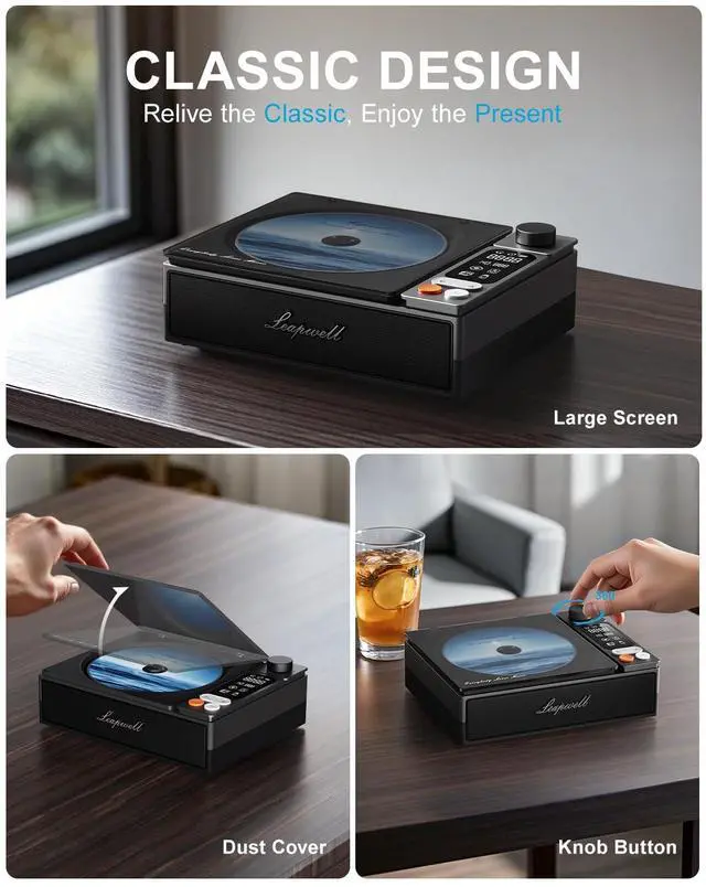 Alt view image 11 of 14 - CD Player Portable Bluetooth Desktop CD Players for Home with Speakers Rechargeable Small Retro CD Player with LCD Screen Optical USB Black