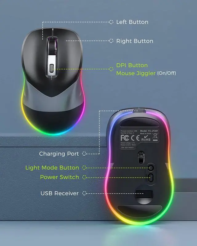 Alt view image 12 of 14 - Wireless Mouse, Jiggler Mouse for Laptop - LED Mouse Rechargeable Computer Mice Mouse Mover Undetectable Random Movement with On/Off Button Keeps Computer Awake - Black&Grey