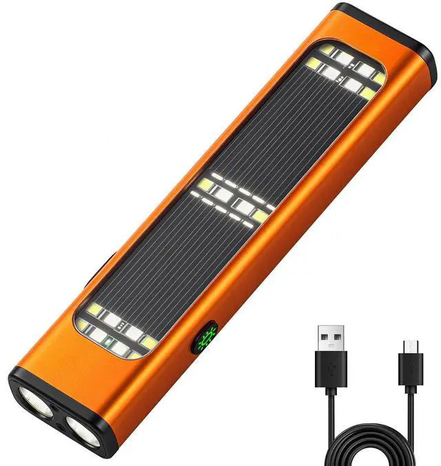 Alt view image 8 of 14 - Solar/Rechargeable Flat Flashlights, 900 Lumens EDC Tactical Flashlight, Multi Function LED Small Flashlight, 7 Modes IP65 Waterproof for Home, Camping,and Emergency Use (Orange)